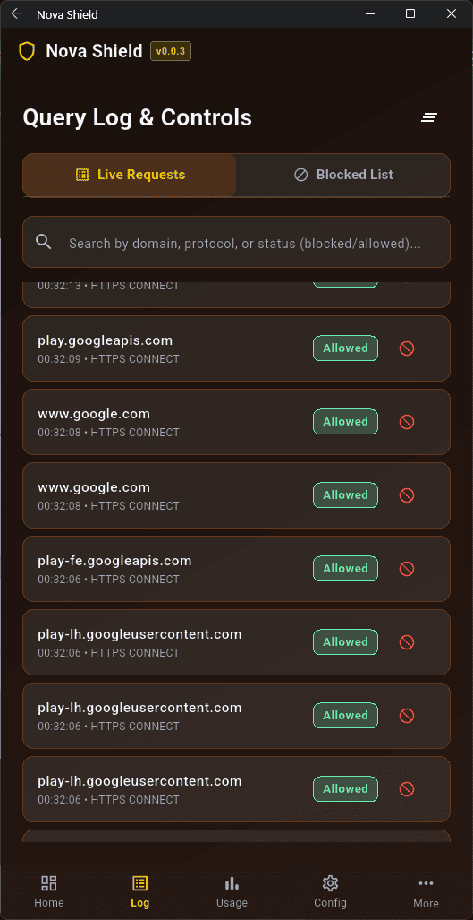 Live Query Log, HTTPS Inspection & Request Blocking