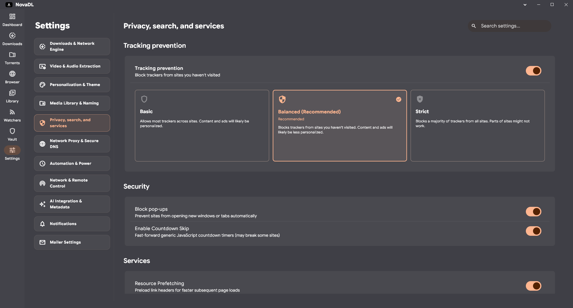 NovaDL Browser Security Settings